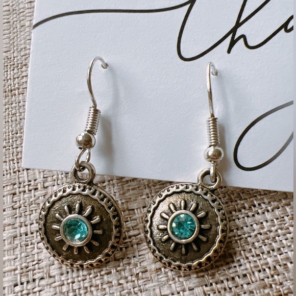Circle Silver Blue Stone Dangle Earrings - Picture 4 of 5